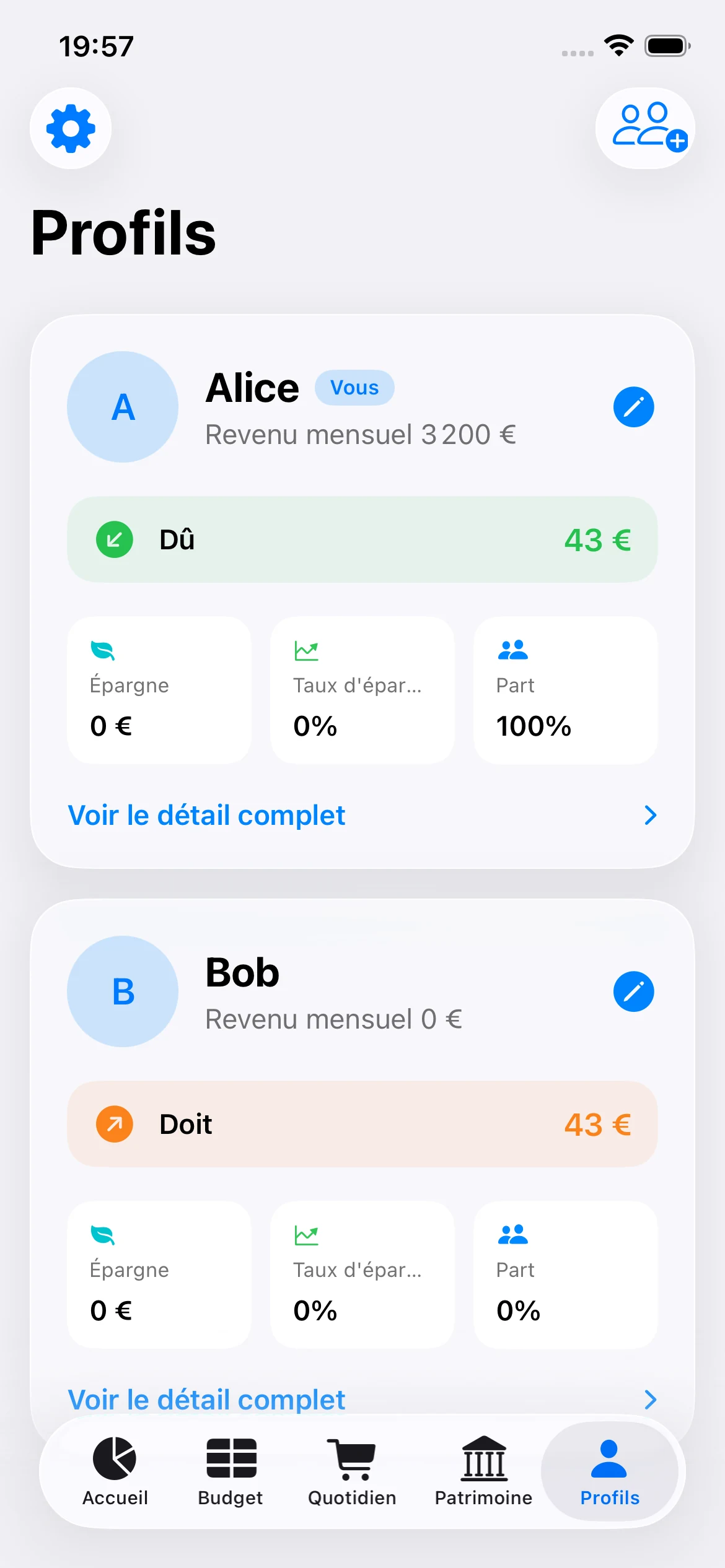 Écran Profils partagés de Banker