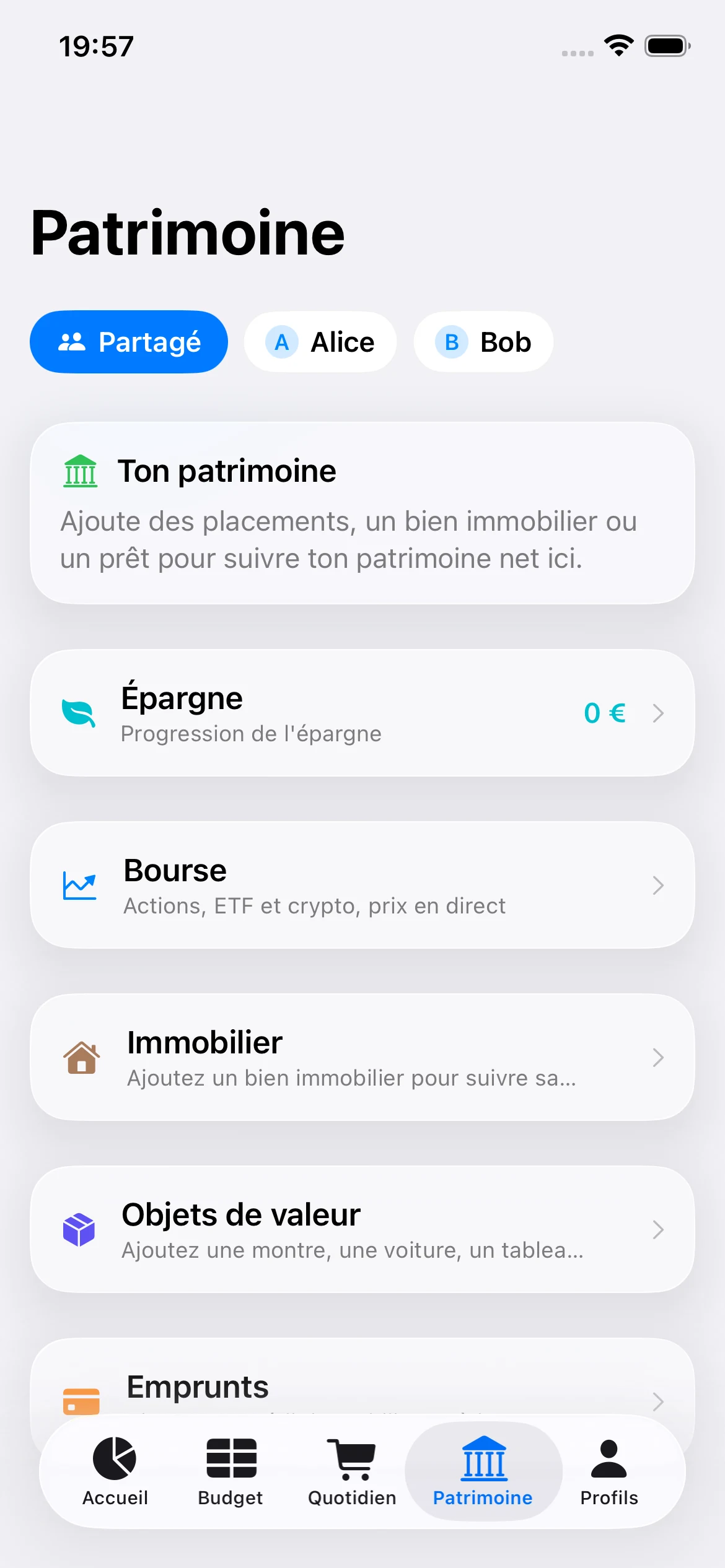 Écran Patrimoine de Banker
